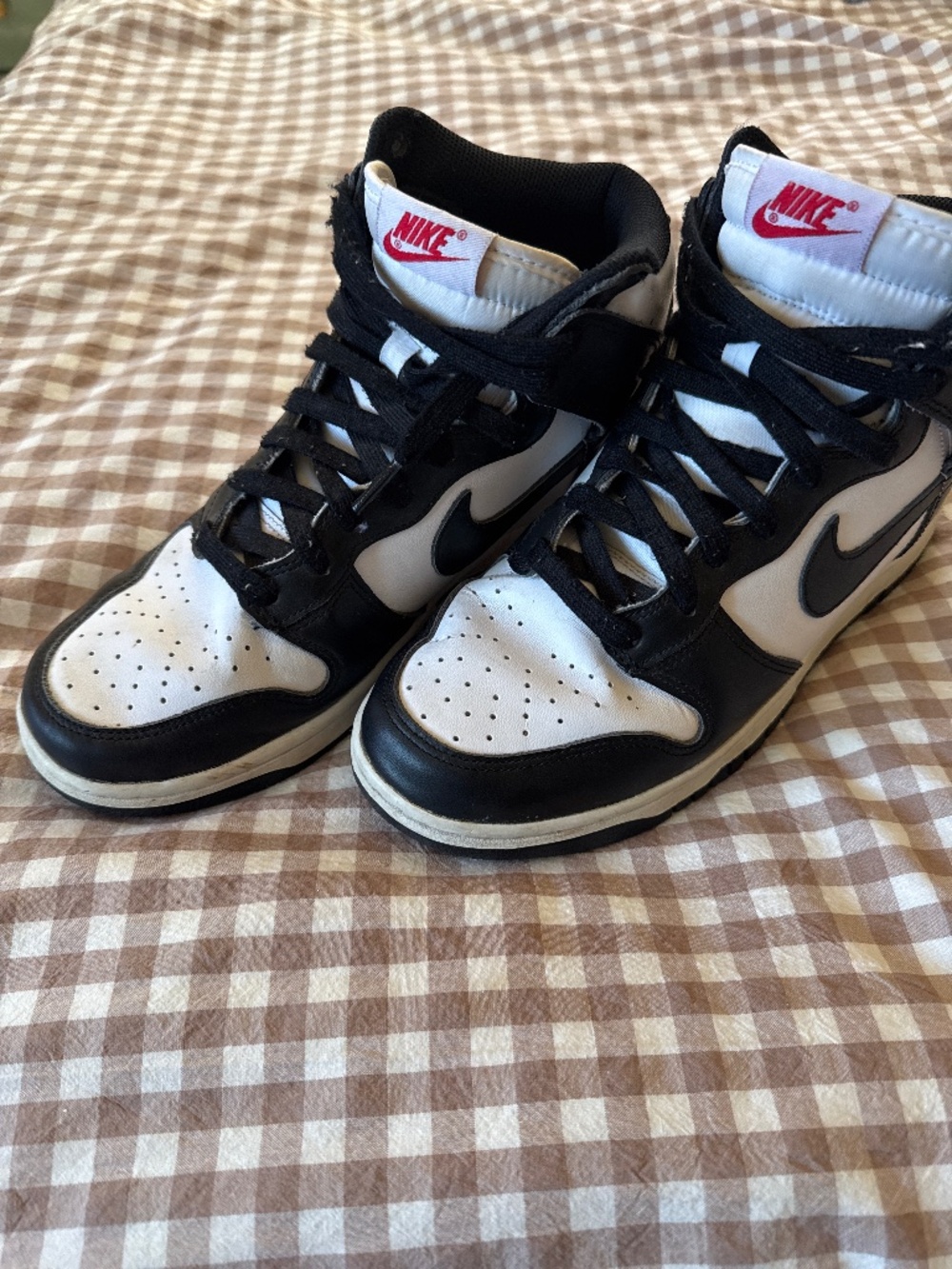 Nike Dunk high tops, black and white panda, women’s 9